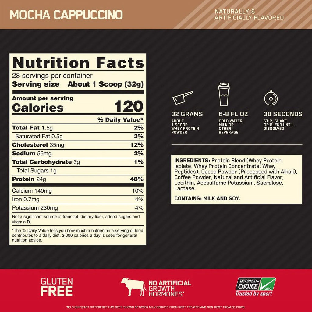 100% Mocha Optimum 2 Standard 28 Servings Gold Nutrition, Whey Protein Cappuccino, Powder, lb,