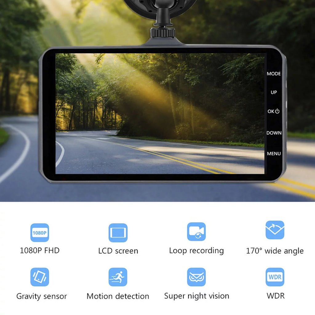 Parking Car Motion Front Dual Monitoring and Rear Dash 1080P Camera 4" Screen DVR Detection Recorder Xhy Video Driving Touch Cam and G-Sensor, Lens HD