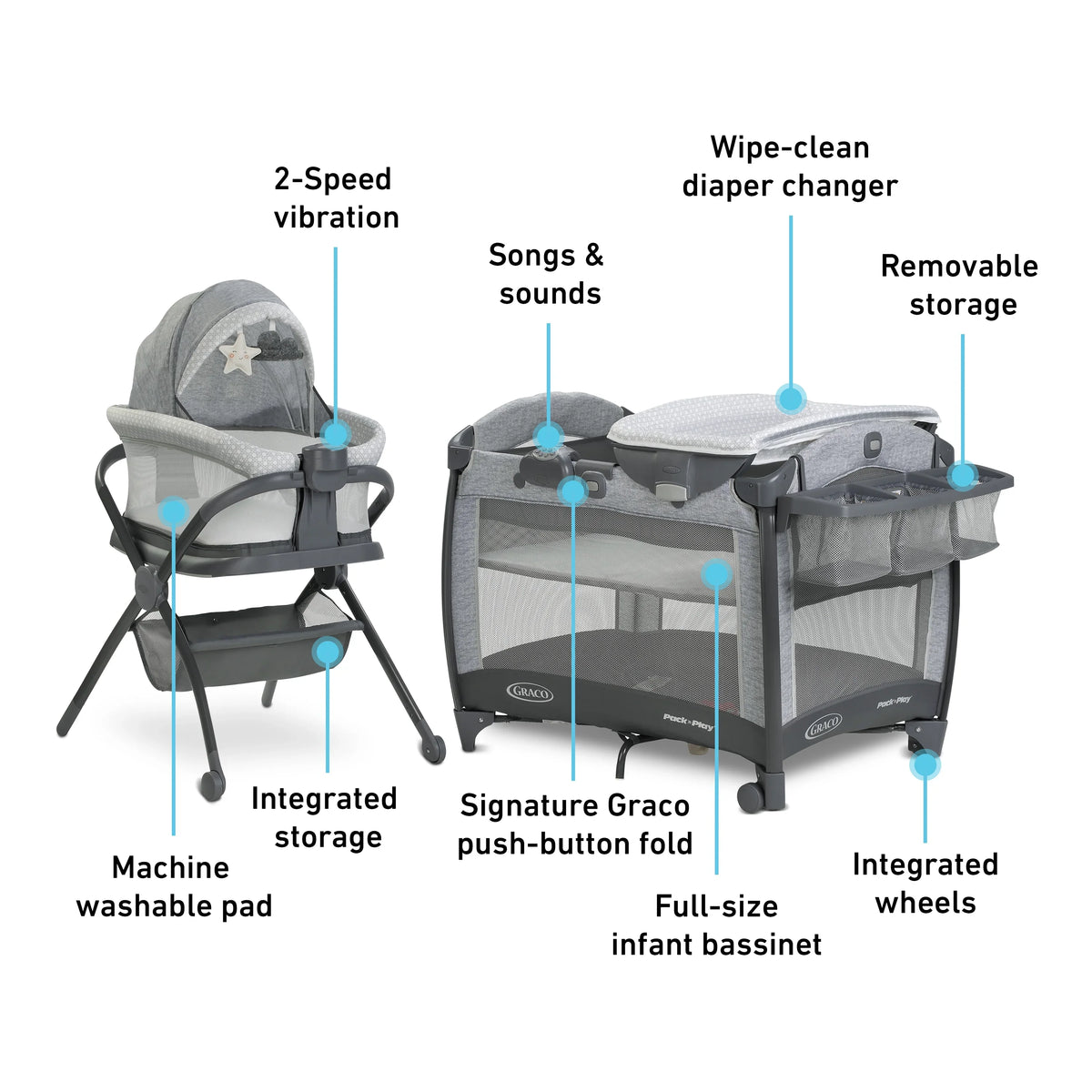 Pack Deluxe Bassinet Unisex Graco 'n Day2Dream Play Playard,Grey, Flat