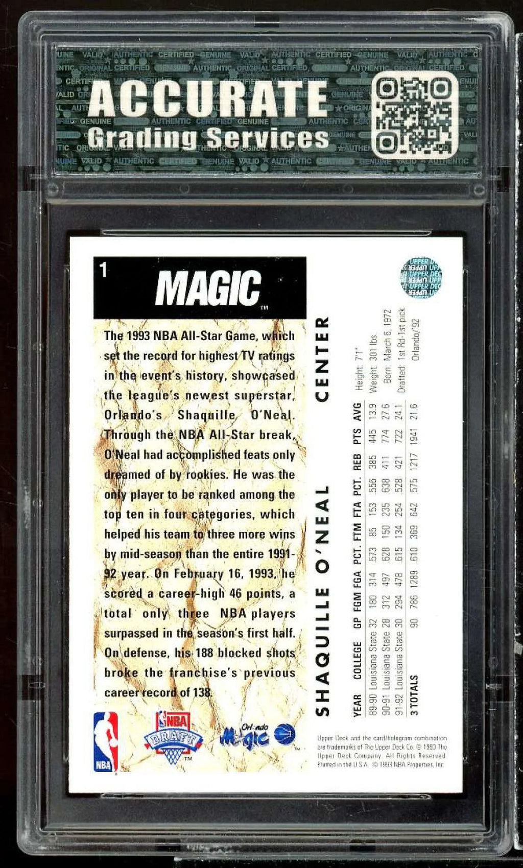 Rookie O'neal AGS Upper 8 Card 1992-93 NM/MT #1 Shaquille Deck