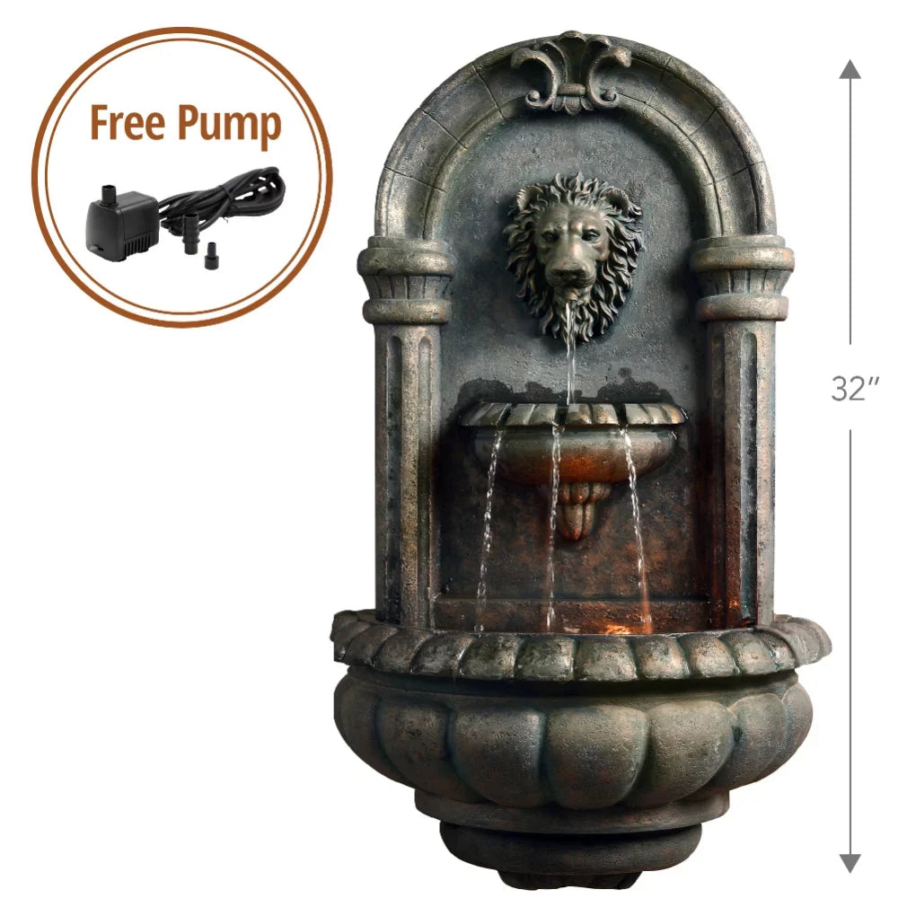 Lion Bronze USA Fountain Wall Head LED Antique Tiered Garden with exterior exterior Stone Home Light, Decoration