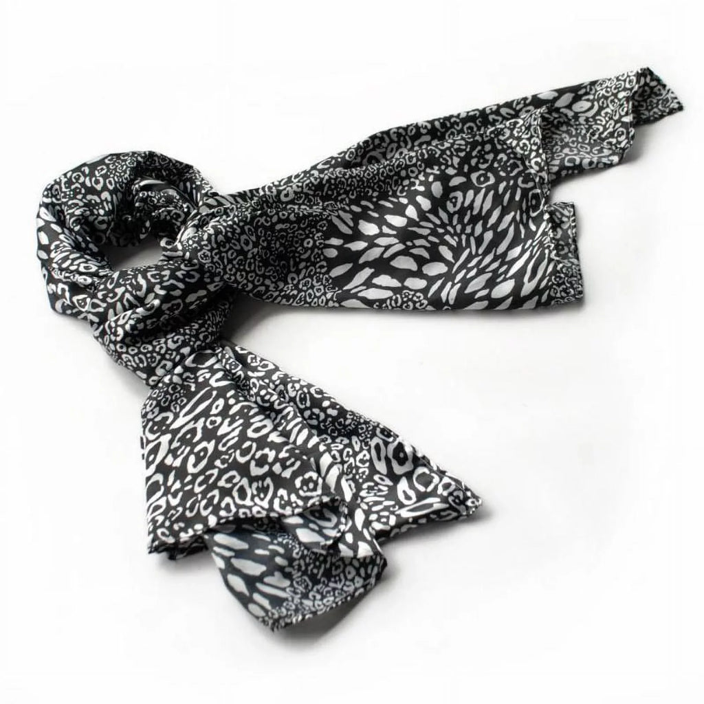 Leopard Silk Soft White Animal Blancho Print & Black Scarf/Wrap/Shawl(Small) Fashion Distinctive