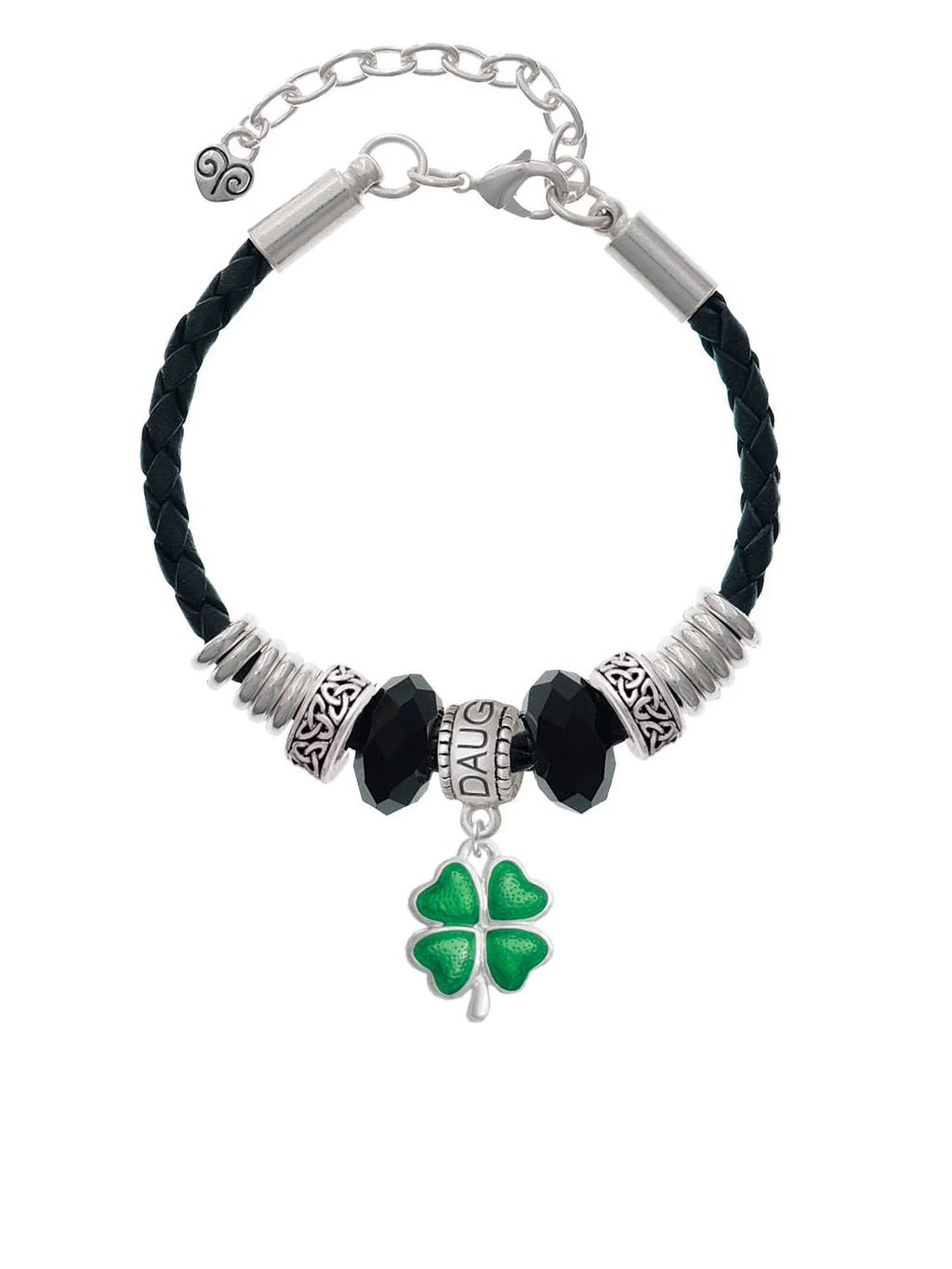 Daughter Translucent Four Delight Knot 7"+2" Green Celtic Lucky Leather Clover Leaf Bead Bracelet, Silvertone Extender Jewelry