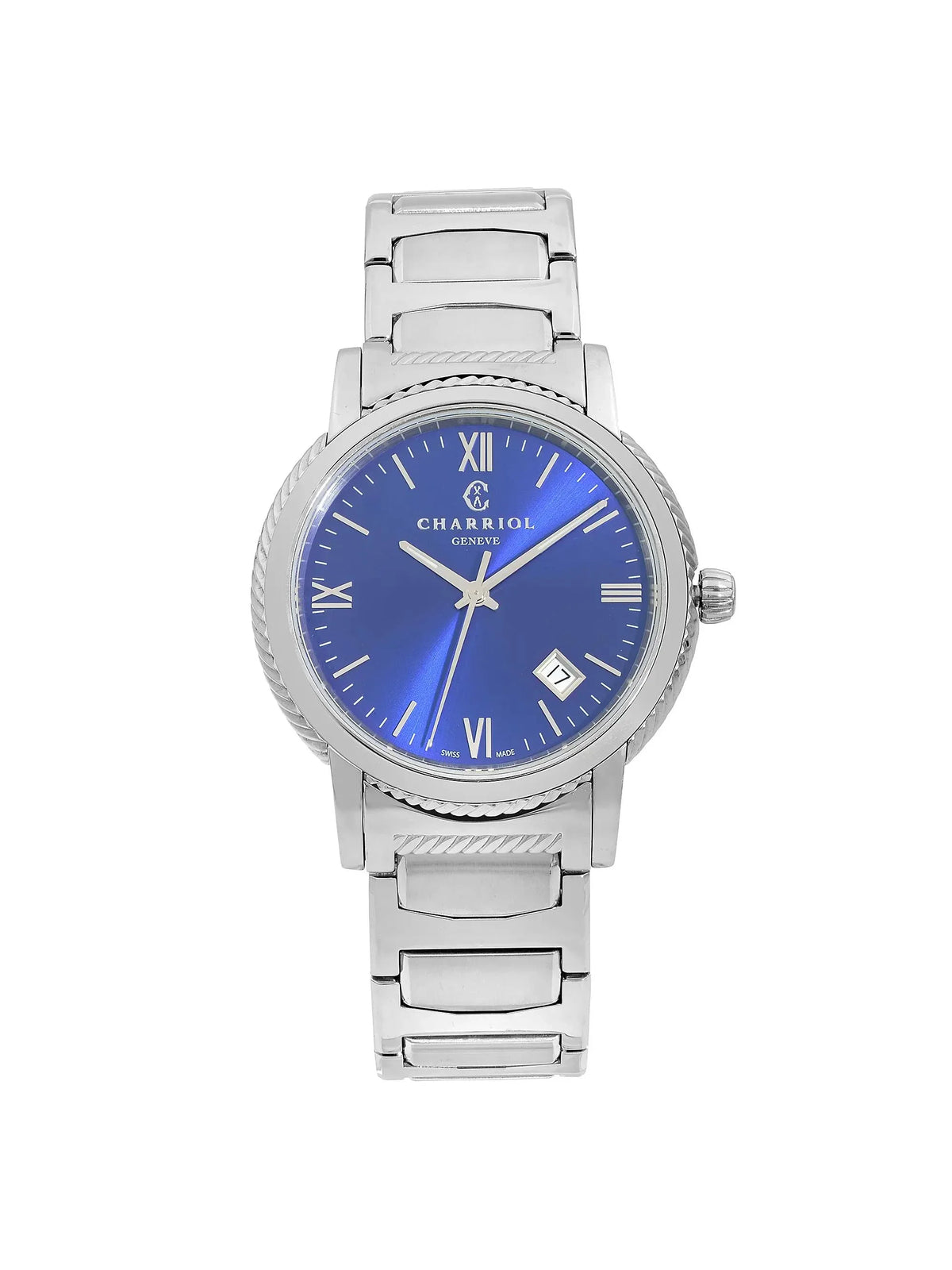Parisii Dial Stainless Quartz Watch Steel Blue Charriol 40mm P40S2.930.002 New