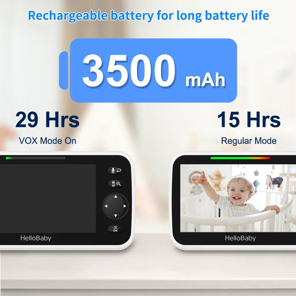 Night and Infrared VOX Lullaby, Two and LCD Camera, Way Audio, Camera Baby Color 5" HelloBaby Video Audio Monitor Monitor Vision, Display, inches Screen, with Temperature Mode 5