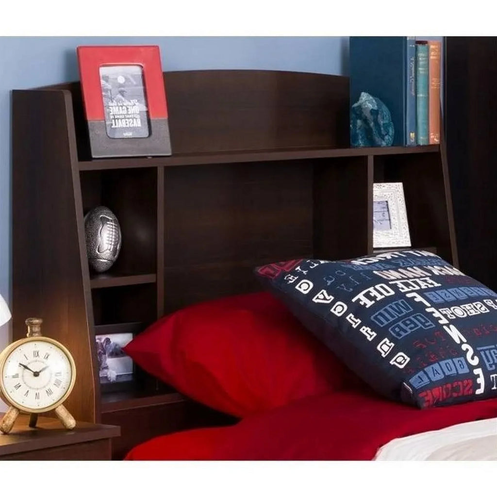 Wood Espresso Finish Storage Bookcase Headboard Twin dimension in
