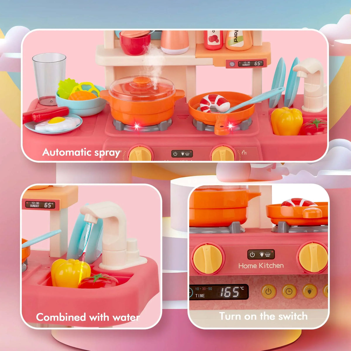 Toys Play for with 42-Pack Set Educational Toddler Sounds Kitchen Toddlers, for Real Food, Boys, Preschool Set Accessories Toy Pretend Kids Pink and Lights, Toys Kitchen Girls for