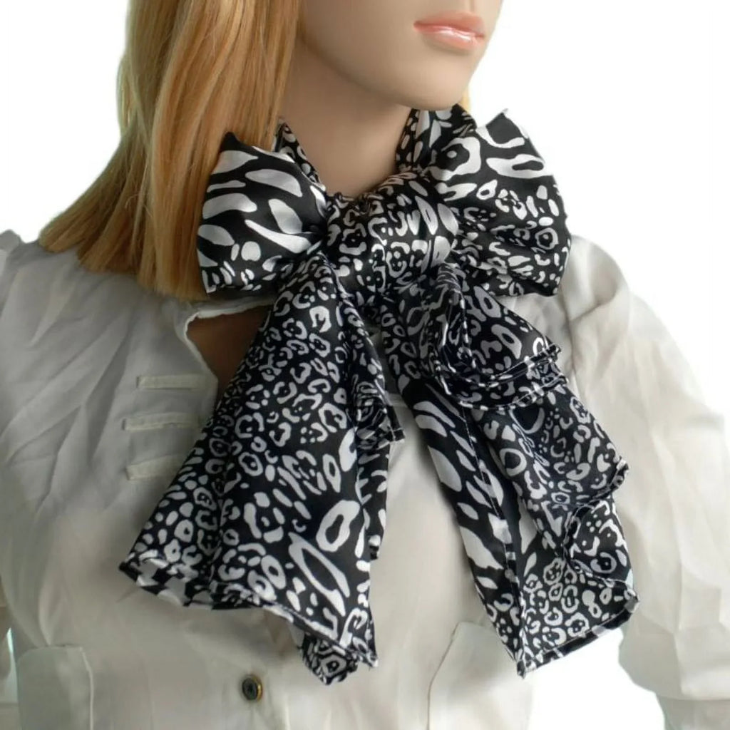 Leopard Silk Soft White Animal Blancho Print & Black Scarf/Wrap/Shawl(Small) Fashion Distinctive