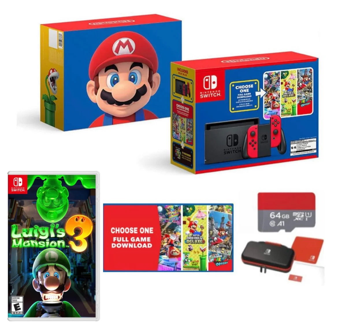 Carrying with Case - of & - One New Games Switch Mario Download Red with Mansion Bundle - 64GB SD Mario Bundle Micro Luigi's Three 3 Joy-Con Switch Choose Nintendo