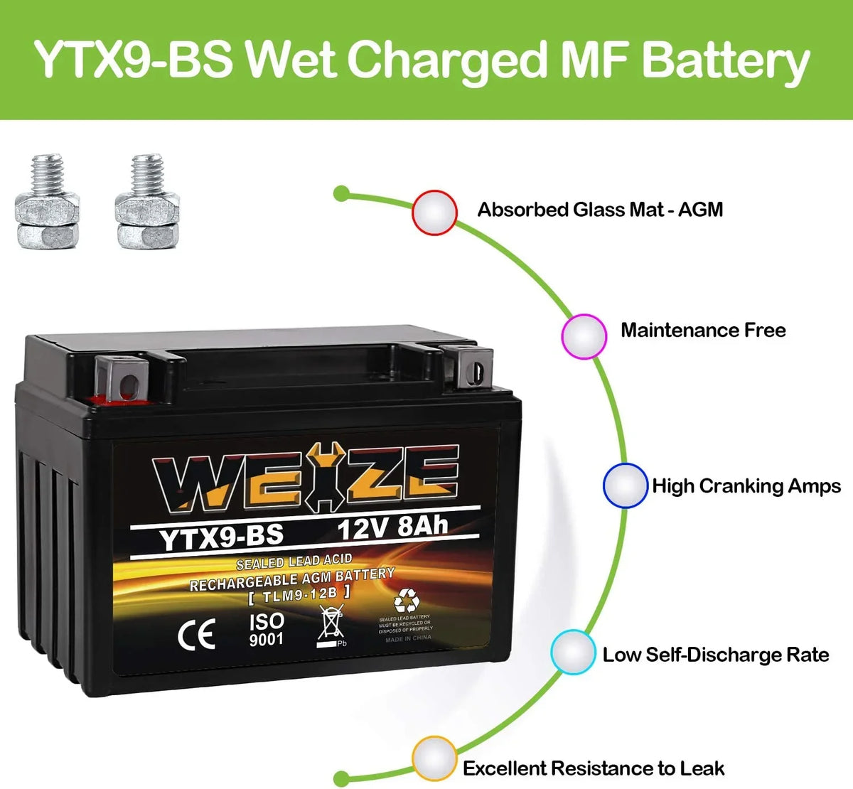 High Motorcycle YTX9-BS Sealed AGM Battery Free ATV Maintenance Performance