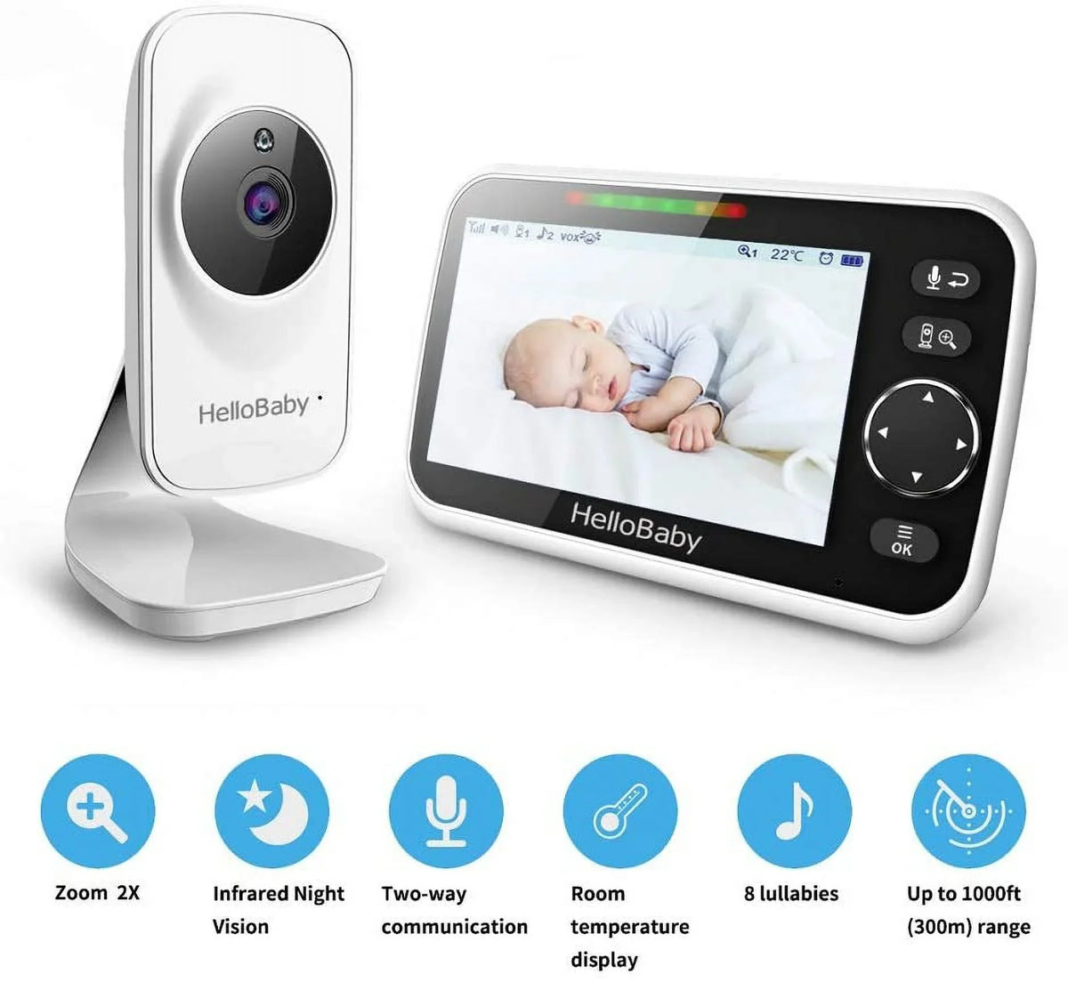 Night and Infrared VOX Lullaby, Two and LCD Camera, Way Audio, Camera Baby Color 5" HelloBaby Video Audio Monitor Monitor Vision, Display, inches Screen, with Temperature Mode 5