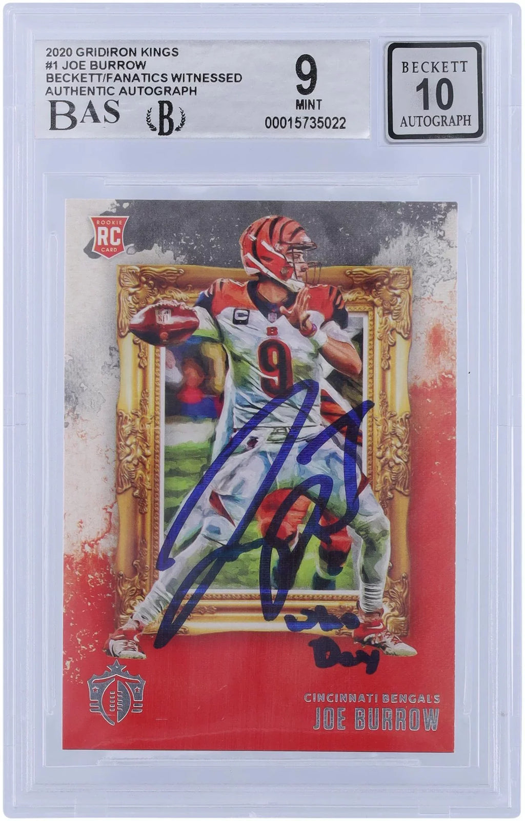 '- with Authenticated "WHO Rookie Witnessed 2020 Gridiron #GK-1 Certified Inscription Autographed Joe Fanatics Beckett Authentic Panini Cincinnati Kings 9/10 Fanatics Burrow Card DEY" Bengals