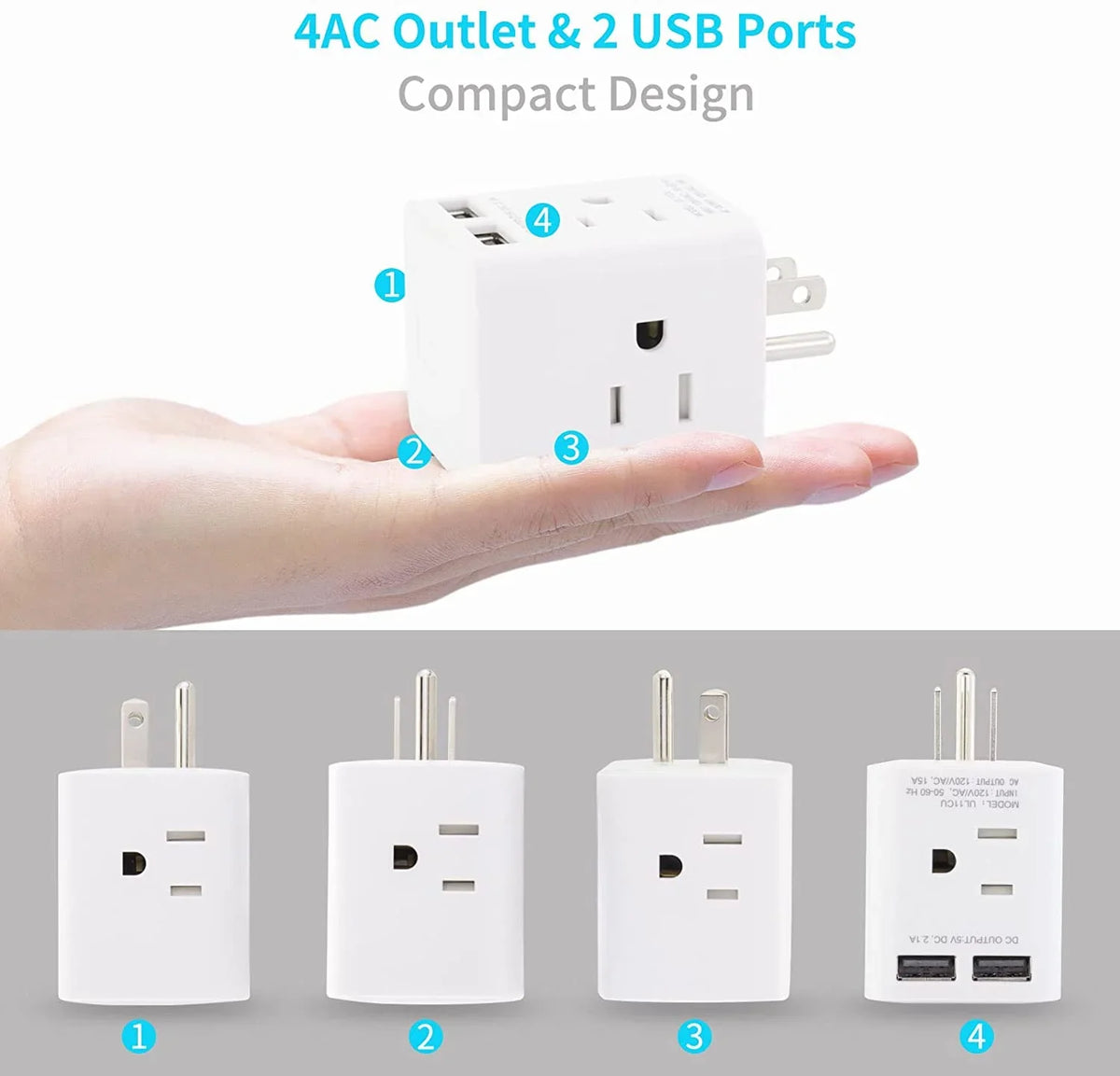 for Plug Home 2 Multi USA Prong Wonplug Angle 3 Charger Right 4 Cruise with Cube AC Wall Adapter Extender USB Outlet Plug Sockets, Ship Travel,White Splitter Adapter Wide Spaced Office and