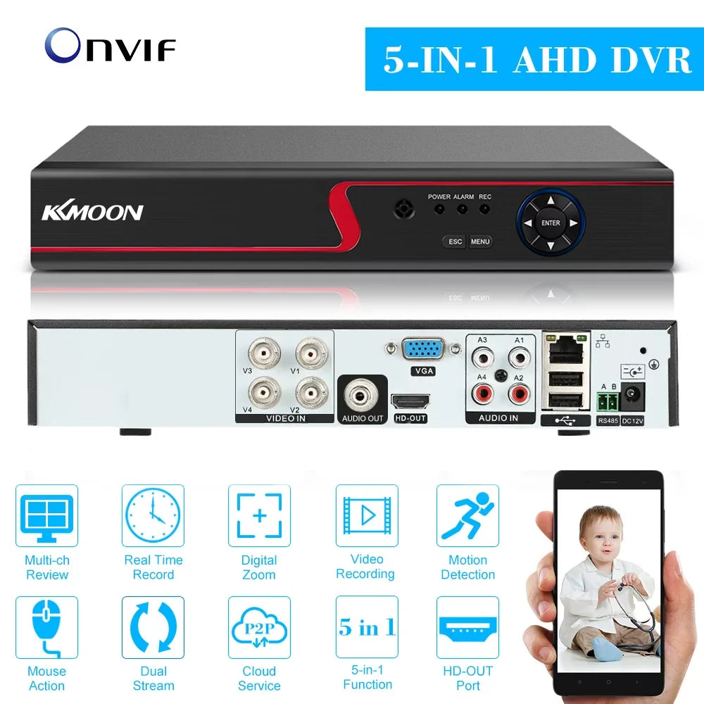 DVR P2P DVR AHD/Analog/TVI/CVI/ Definition for CCTV (NO System Recorder office Remote Phone Digital 1080P HDD) Full KKmoon kit Camera Plug 4CH Monitoring Video High Home