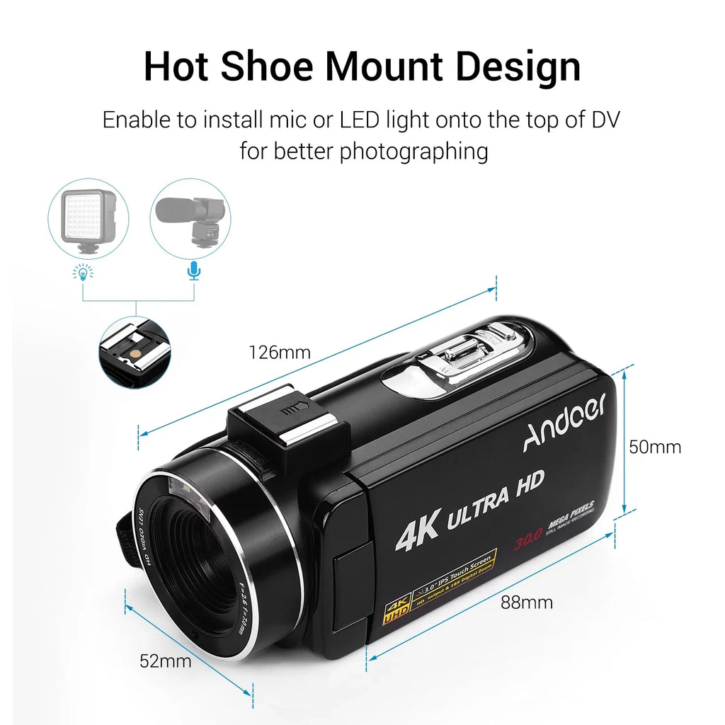 DV Function Professional Digital Video 4K 3.0 Mounting with CMOS Handheld Burst Andoer Camcorder Inch for Monitor Shoe Sensor IPS Microphone Hot -Shaking