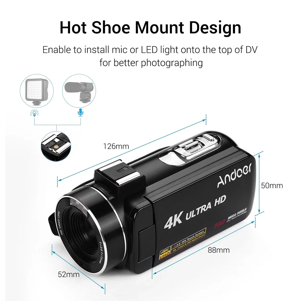 DV Function Professional Digital Video 4K 3.0 Mounting with CMOS Handheld Burst Andoer Camcorder Inch for Monitor Shoe Sensor IPS Microphone Hot -Shaking