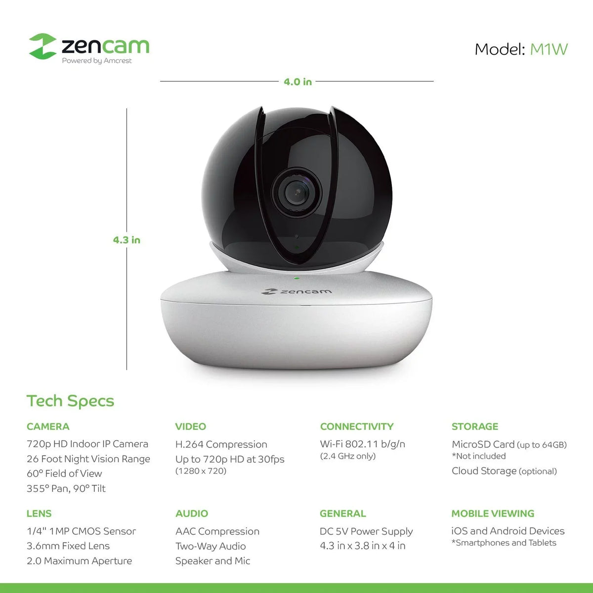 Zencam (4PACK-M1W) Security Dome White Talk Indoor Camera, Surveillance WiFi Zoom Baby Wireless IP 720P Cloud Two-Way Cam, System for Nanny 4-Pack Tilt with Pet, Camera, Home Pan Monitor Home,