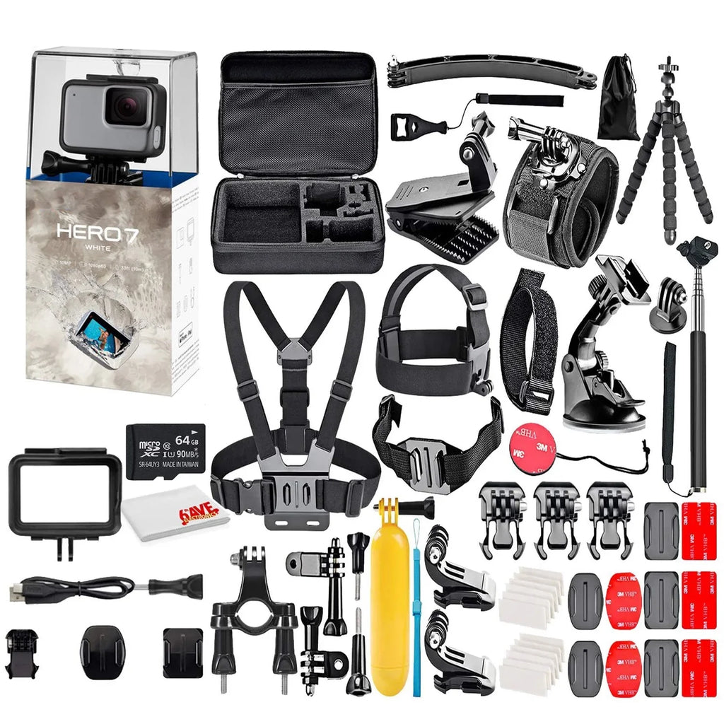 GoPro and 64GB Sd Bundle Camera White with Fully Video, Stabilization HD with Action 10MP Micro 50 Photos, Loaded Card and Kit Accessory Screen, - Waterproof Piece - Full - HERO7 Touch