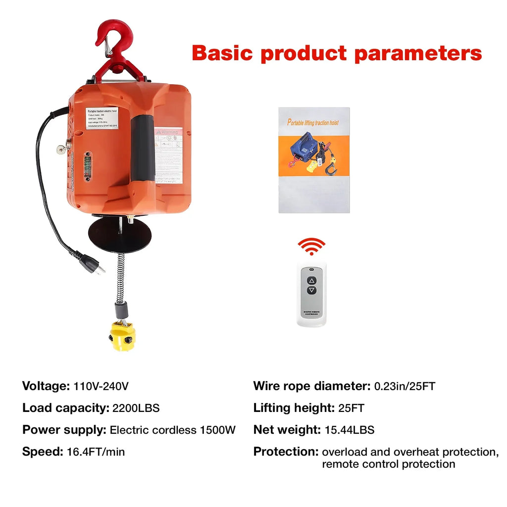 Power Remote w/Wire 2200lbs Protection Hoist 2 Crane, 110V and Wireless Winch, Winch, Overload 25ft Height, Lifting Control, Towing for Winch Lifting 1 in Electric Portable Electric