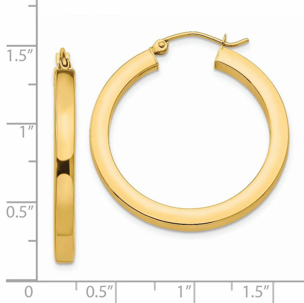 Earrings 14k 3mm Square in Gold Tube Hoop Real Yellow