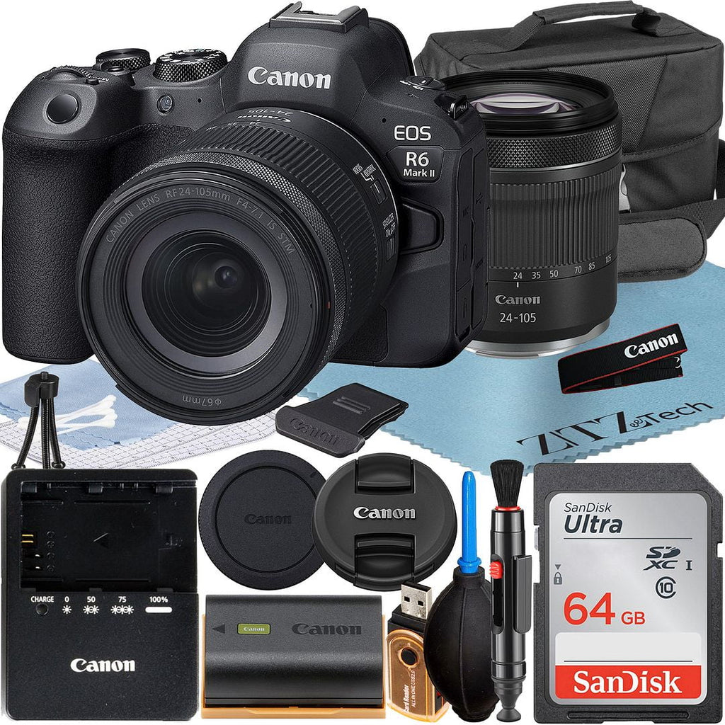 Bundle 24-105mm LED Camera II R6 SanDisk RF + Accessory Flash Memory Mark + Case Mirrorless with 64GB Canon + + Card ZeeTech Lens EOS