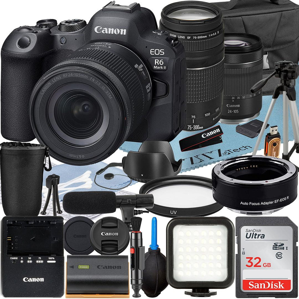 LED Flash Mount Case EF Card + Adapter Canon + + Memory Accessory with R6 RF 24-105mm Lens ZeeTech Mark Mirrorless + Bundle EOS Camera SanDisk II + 75-300mm + 32GB