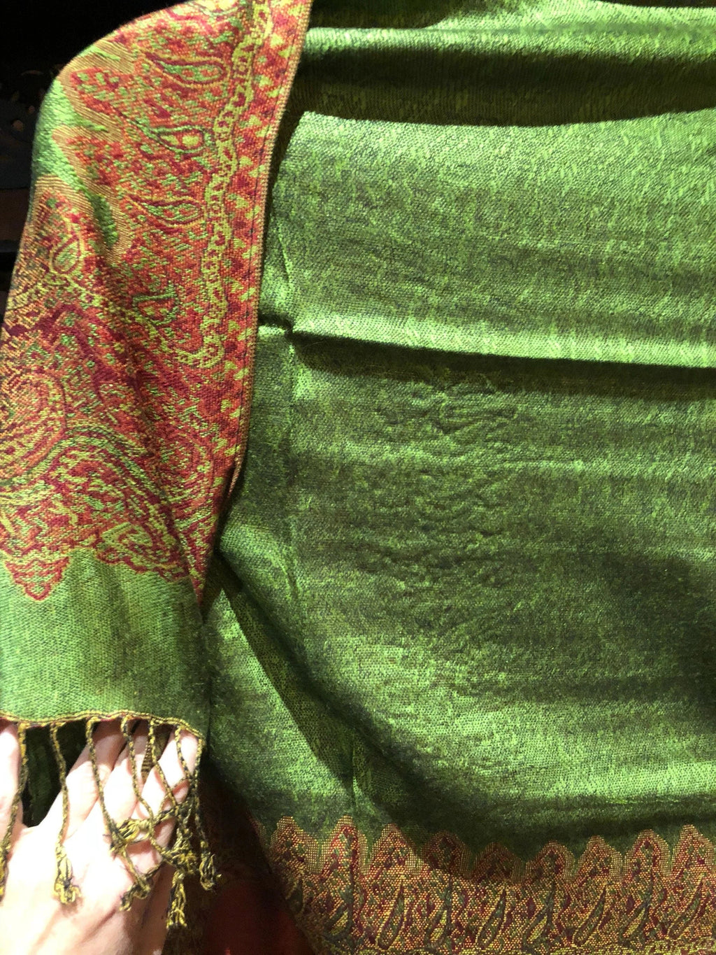 Pashmina Paisley Scarf Red Vintage Wrap Reversible Brocade Green