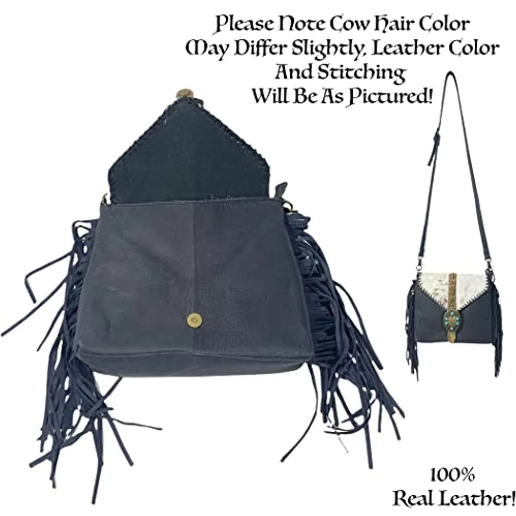 Crossbody Tote Urbalabs Bag Tooled Western Leather Stitched Teal Hand Purses Buckle Messenger Stone Fringe Cowhair (Blue)