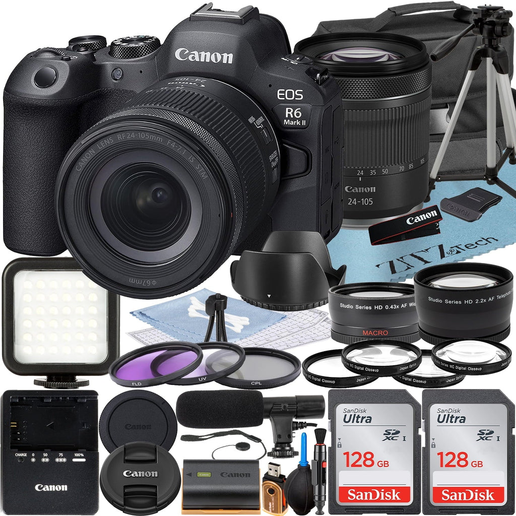 128GB II Lens EOS Mark with Mirrorless + Case Pack Canon 24-105mm + 2 Memory Card + LED Camera R6 + Accessory SanDisk ZeeTech Flash RF