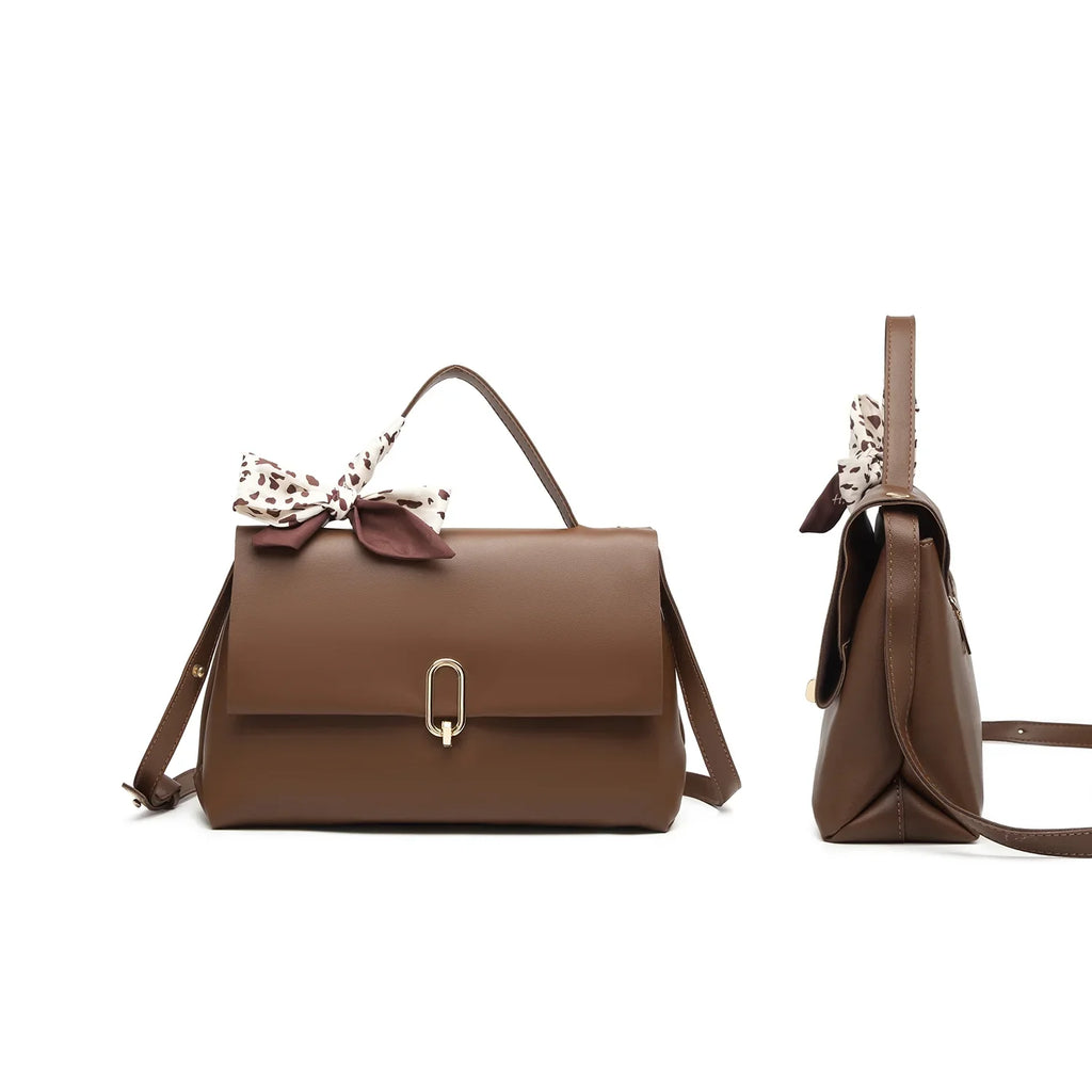 PU Scarf Silk Brown Flap women Handle Leather handbags crossbody ladies Shoulder Women's bag Bag hand square bags bags