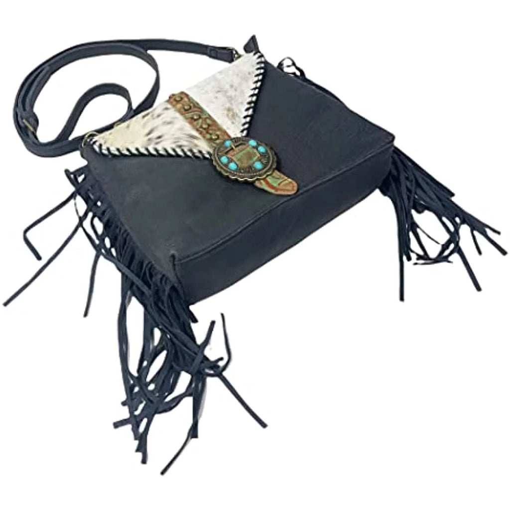 Crossbody Tote Urbalabs Bag Tooled Western Leather Stitched Teal Hand Purses Buckle Messenger Stone Fringe Cowhair (Blue)