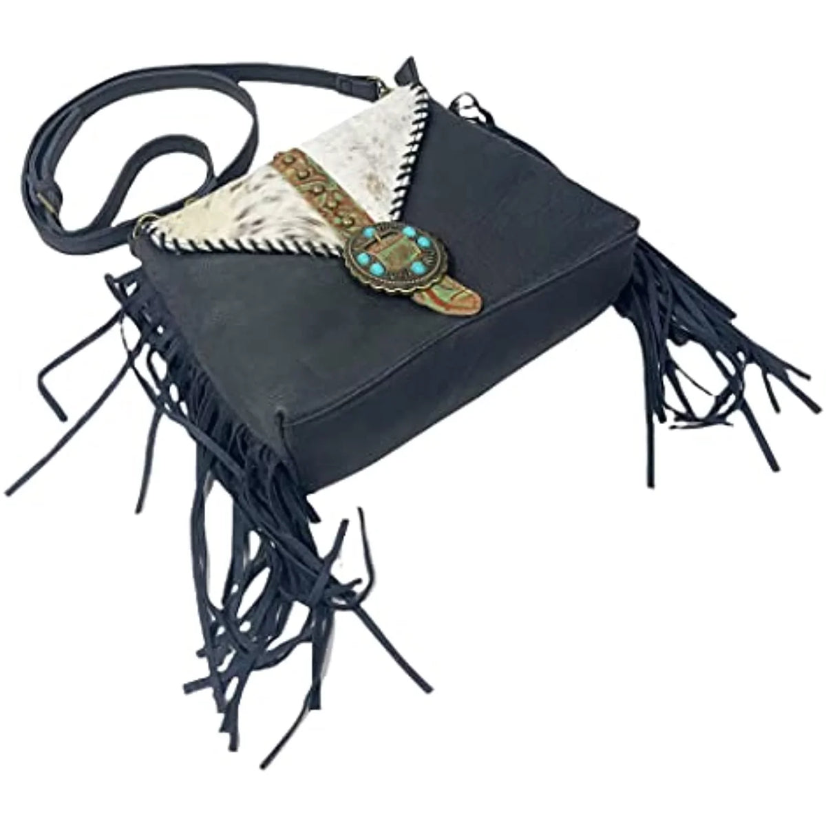 Crossbody Tote Urbalabs Bag Tooled Western Leather Stitched Teal Hand Purses Buckle Messenger Stone Fringe Cowhair (Blue)