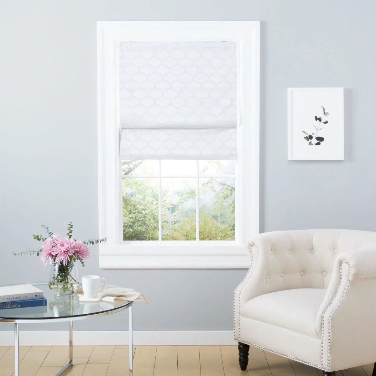 31"x64", Trellis White Total Exclusive Home Roman Blackout Montague Shade,