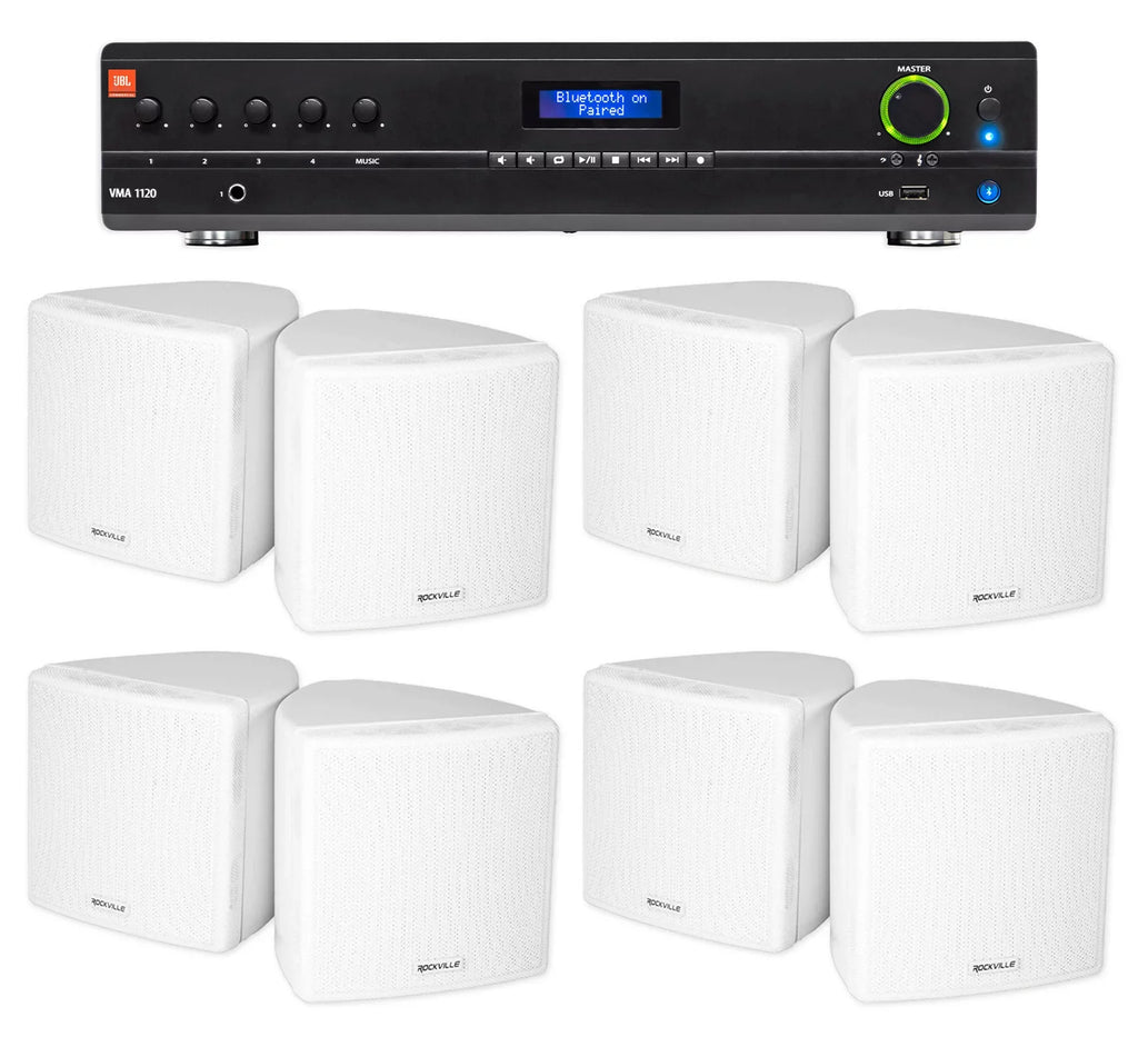Cube Speakers White JBL 3.5" Commercial Restaurant/Bar/Cafe Amplifier+(8) for