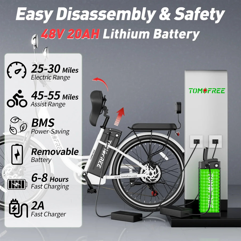 for Cruiser 7-Speed, Cityscape Shi-mano 20Ah Commuter Bike, Electric City Electric E-bike 48V Removable White 24" Battery, Bike Adults 22MPH 500W