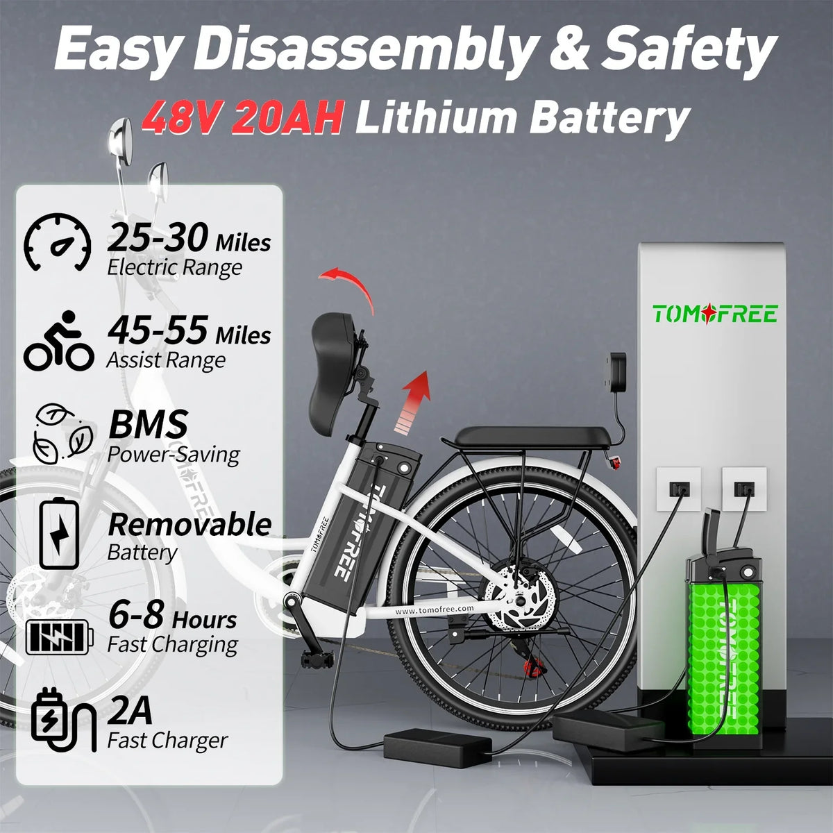 for Cruiser 7-Speed, Cityscape Shi-mano 20Ah Commuter Bike, Electric City Electric E-bike 48V Removable White 24" Battery, Bike Adults 22MPH 500W