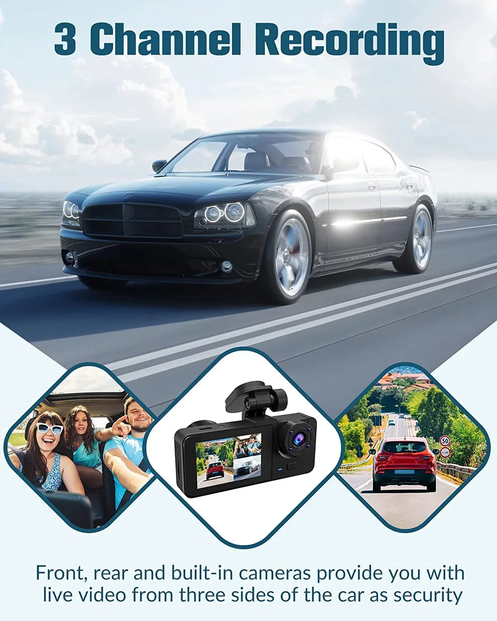 Channel Camera Cam for with Mode Angle,2.0'' Vision,170°Wide Free Night 3 Inside,4K Front Screen,WDR,Loop Dash Full IPS SD and UHD Rear Super 32GB Card,Built-in Cars Dash Recording,24H Parking