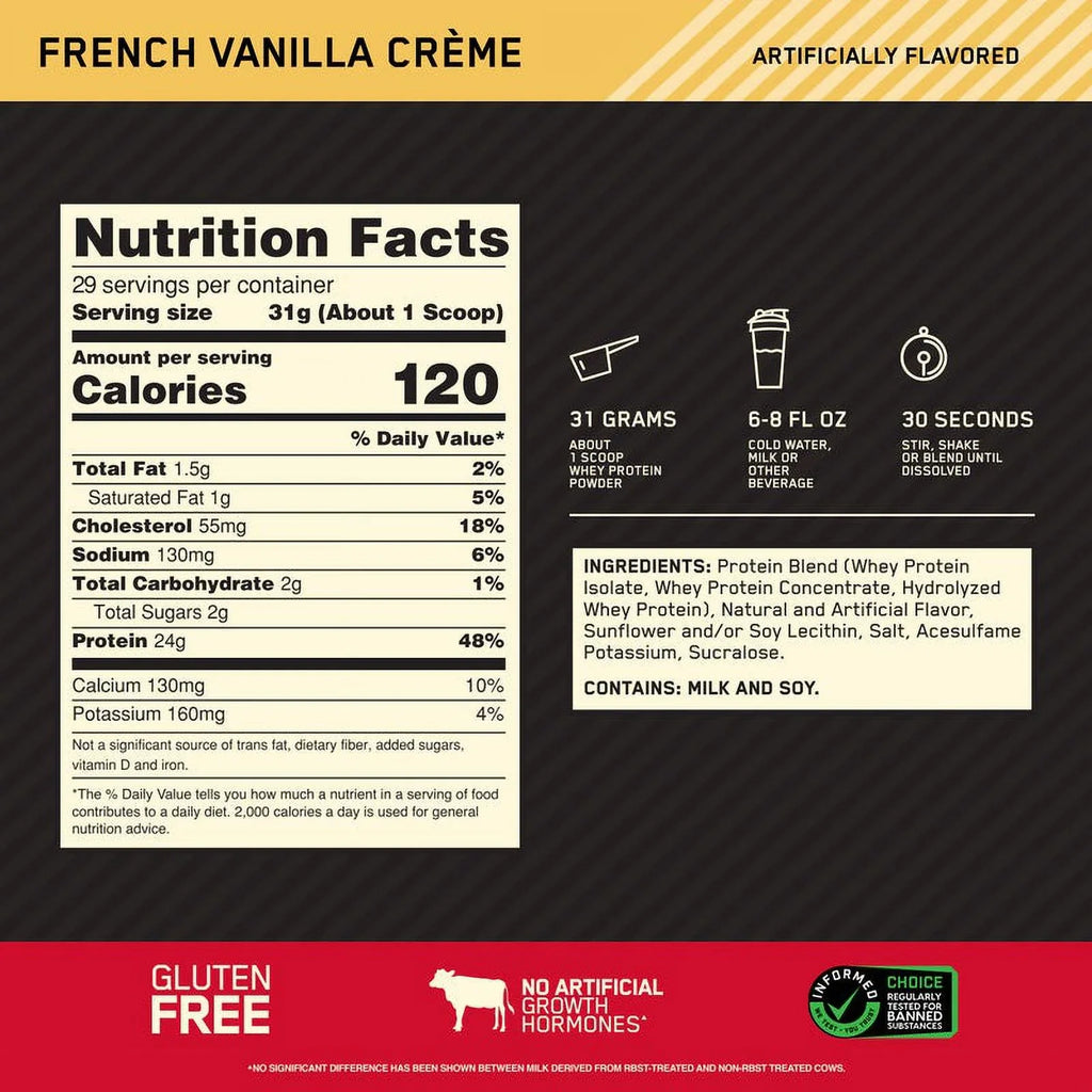 Vanilla Protein Nutrition, 100% Servings 2 Powder, lb, Gold Creme, 29 Whey Standard French Optimum