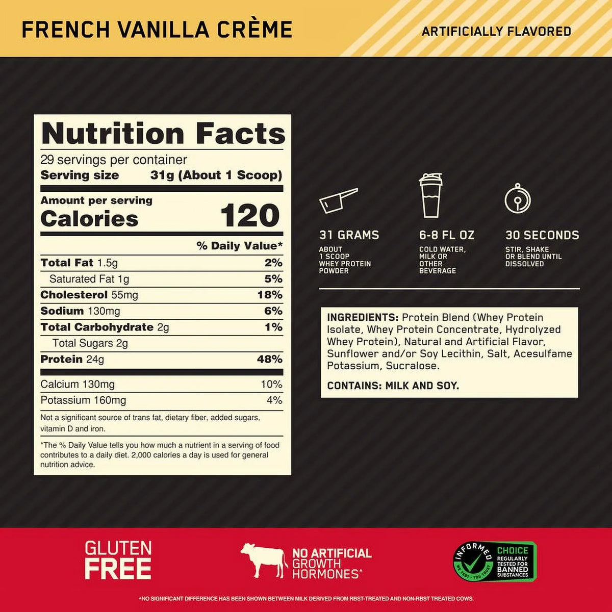 Vanilla Protein Nutrition, 100% Servings 2 Powder, lb, Gold Creme, 29 Whey Standard French Optimum