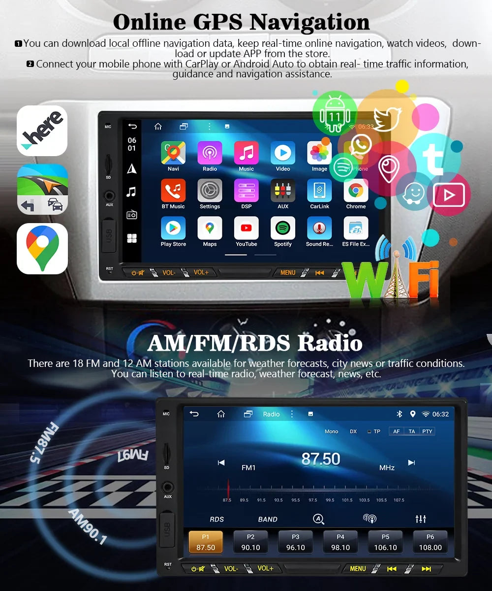 Inch 7 G+G 11 Core Android Screen Stereo Radio Backup Car with Carplay Din Touch Car Camera IPS Navigation Mirrorlink Double WiFi Bluetooth Octa Auto Wireless Android GPS DSP