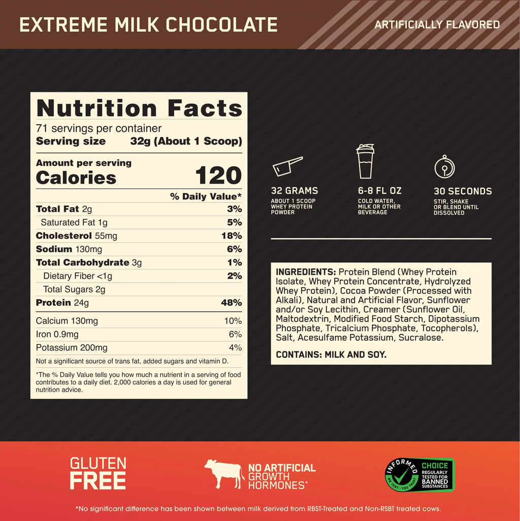 Servings Milk Optimum lb, Nutrition, Standard Whey Protein 71 Gold Chocolate, Extreme 100% 5 Powder,