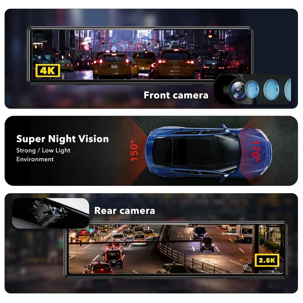 Card Camera for 32GB 2.5K GPS 4K Camera Rearview Dash , Mirror Front Full View Screen Cars, and Touch with 11" Rear Cam, Dash Dash Vision REDTIGER UHD Mirror Night Rear Free