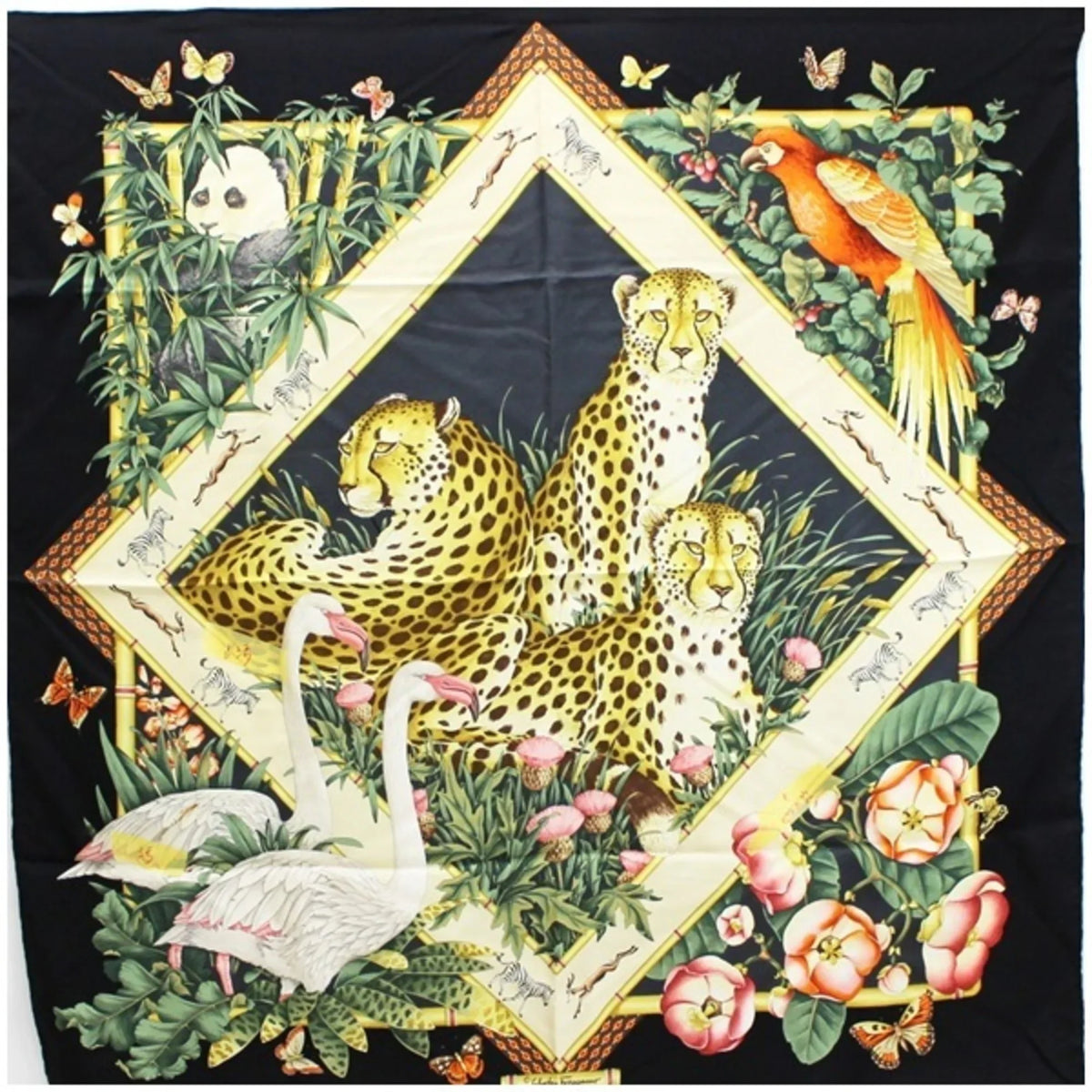 Panda Animal (Good) Scarf Ferragamo Muffler Black Women's Pre-Owned Leopard Salvatore Print