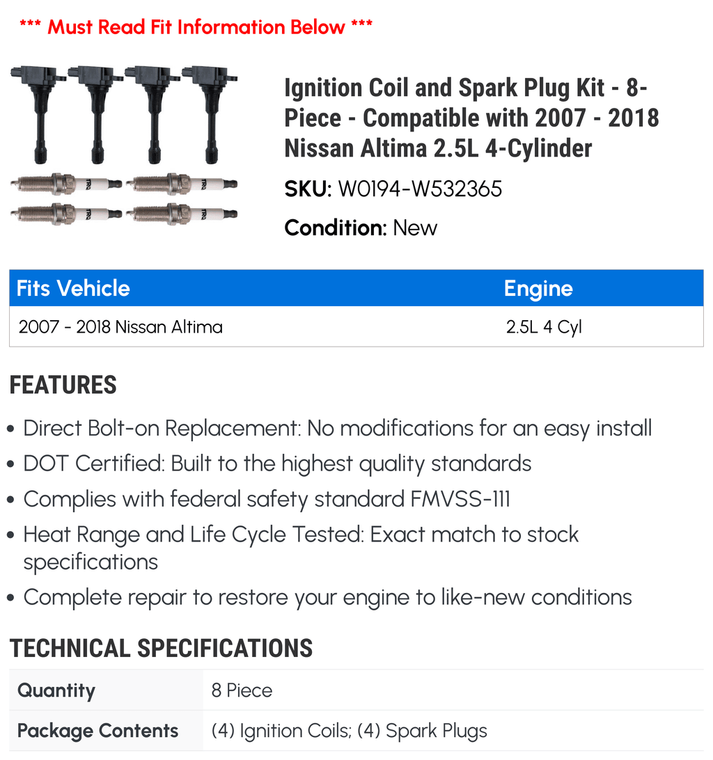 Kit Nissan 2013 - 2.5L Coil 2011 Altima 2014 Ignition Spark 8-Piece with 2017 2012 2008 2018 - 4-Cylinder 2007 Compatible 2015 2016 2010 - Plug and 2009
