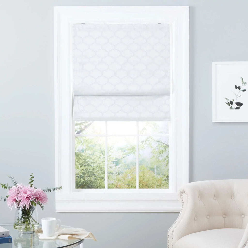 31"x64", Trellis White Total Exclusive Home Roman Blackout Montague Shade,