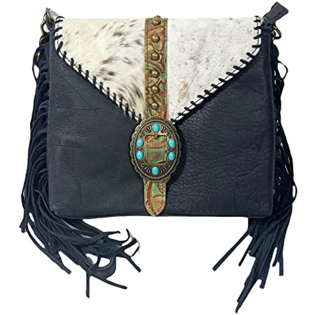 Crossbody Tote Urbalabs Bag Tooled Western Leather Stitched Teal Hand Purses Buckle Messenger Stone Fringe Cowhair (Blue)