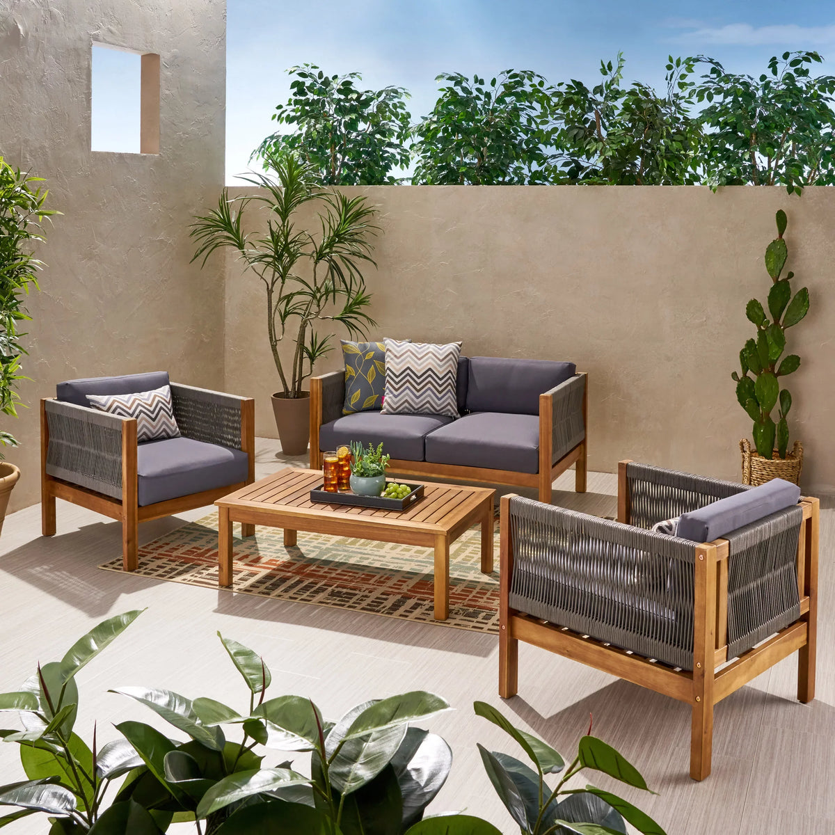 and with Acacia 4 Seater Gray exterior Cushions, and Wood Charlotte GDF Set Chat Teak Rope Studio