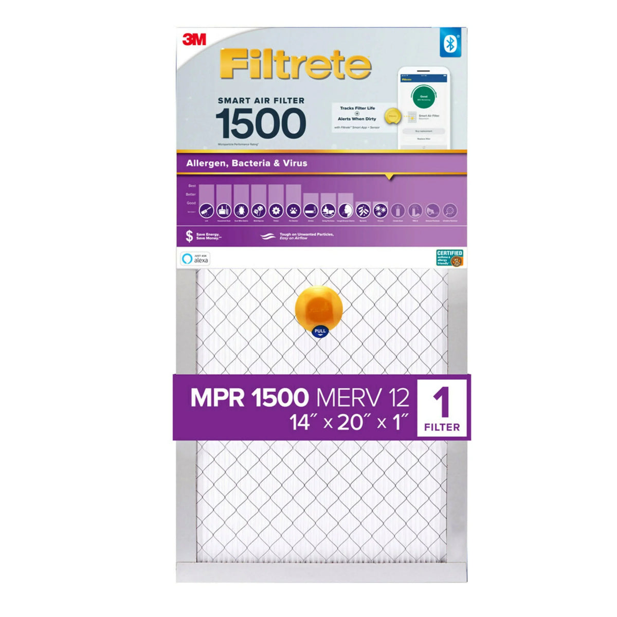 Bacteria MERV Air 12, Filter, Virus, 1500 14x20x1 Filtrete Filter 1 Allergen, MPR Smart