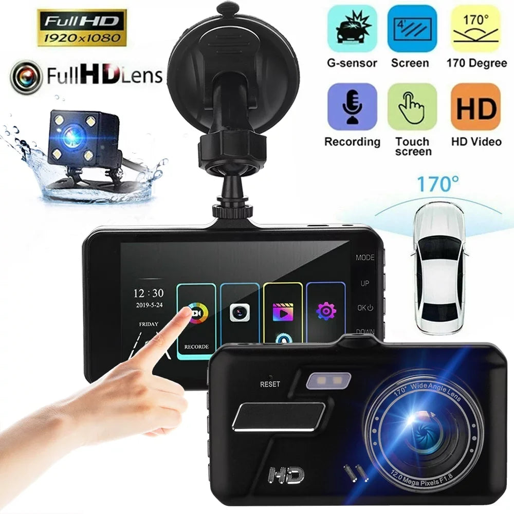 Parking Car Motion Front Dual Monitoring and Rear Dash 1080P Camera 4" Screen DVR Detection Recorder Xhy Video Driving Touch Cam and G-Sensor, Lens HD