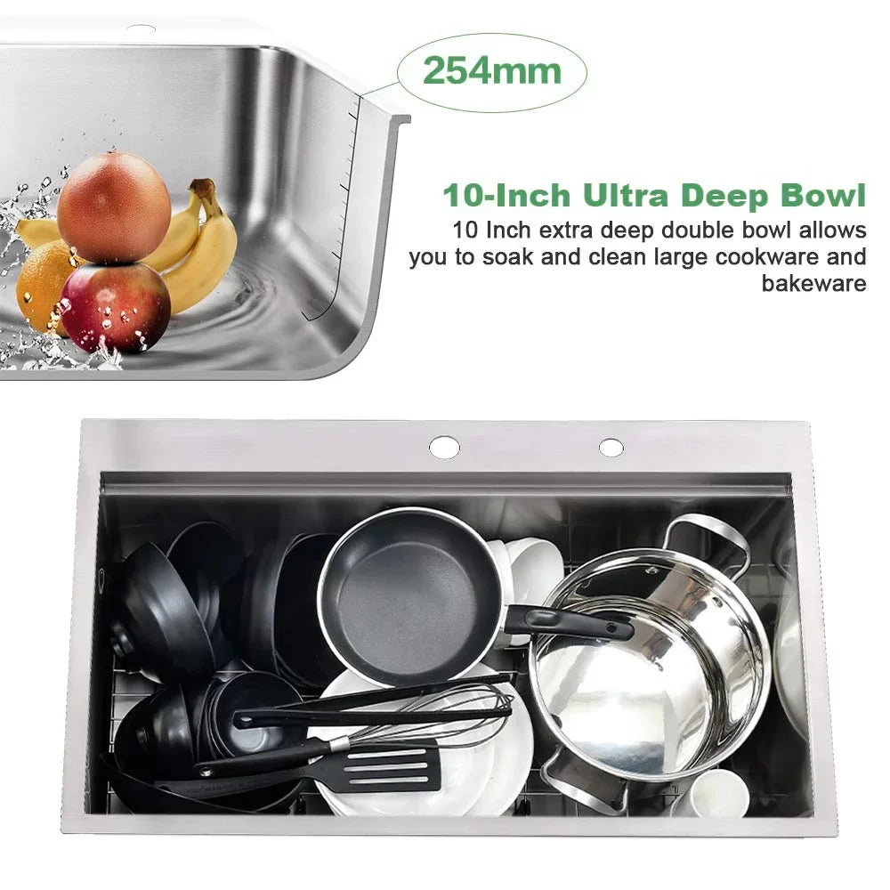 Bowl Drop-In 30'' Steel Single Holes Kitchen Sink with Stainless PROOX Faucet 2